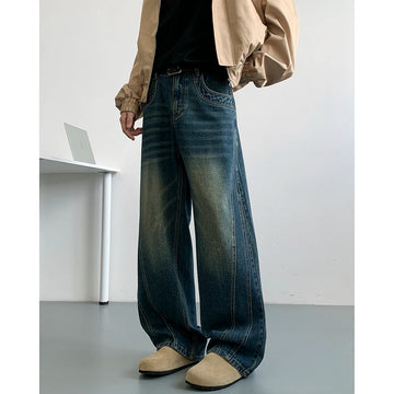 Riolio Winter Nostalgic Blue Jeans Men Chic Patchwork Loose Casual Denim Pants Wide Leg Male Straight Mopping Trouser Streetwear